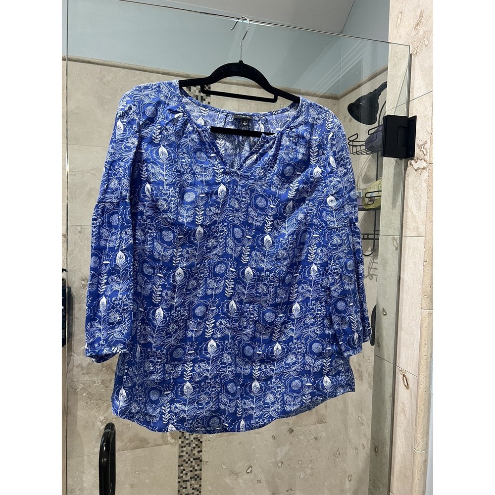 Talbots Blue White Floral Linen Tunic Balloon Sleeve V-Neck Blouse Medium
